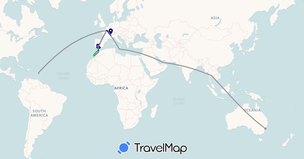 TravelMap itinerary: driving, bus, plane, train, boat in United Arab Emirates, Australia, Dominica, Spain, France, Gibraltar, Guadeloupe, Morocco, Malta, Portugal, Thailand (Africa, Asia, Europe, North America, Oceania)